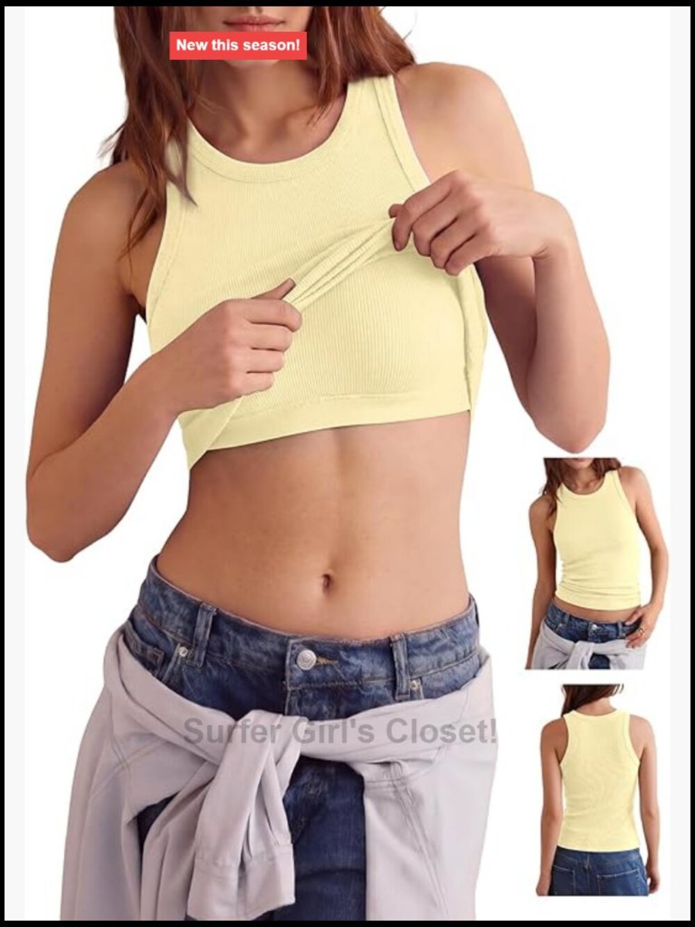 Women's Ribbed Crew Neck Tank Top with Built-in Bra, Removable Pads, 95% Cotton